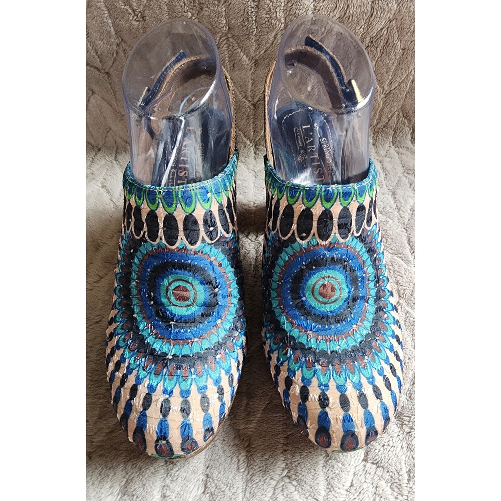 L'Artiste Spring Step Zipi Blue Peacock Design Platform Slingback Heels 39